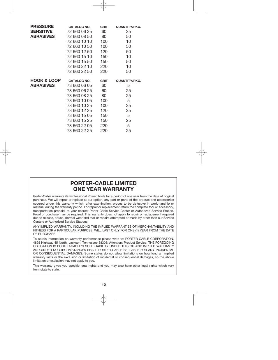 Porter-cable limited one year warranty | Porter-Cable QUICKSAND 335 User Manual | Page 12 / 13