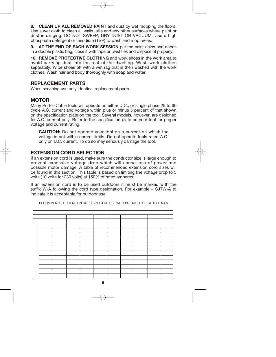 Replacement parts, Motor, Extension cord selection | Porter-Cable QUICKSAND 335 User Manual | Page 5 / 13