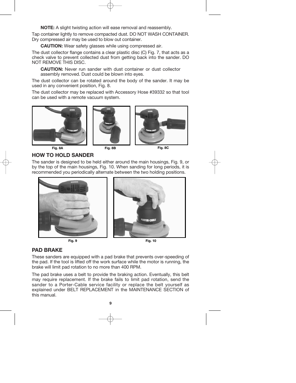 How to hold sander, Pad brake | Porter-Cable QUICKSAND 335 User Manual | Page 9 / 13