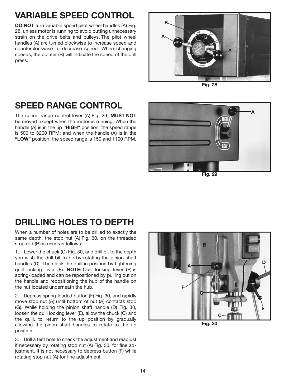 Variable speed control, Speed range control, Drilling holes to depth | Porter-Cable 17-990X User Manual | Page 14 / 20