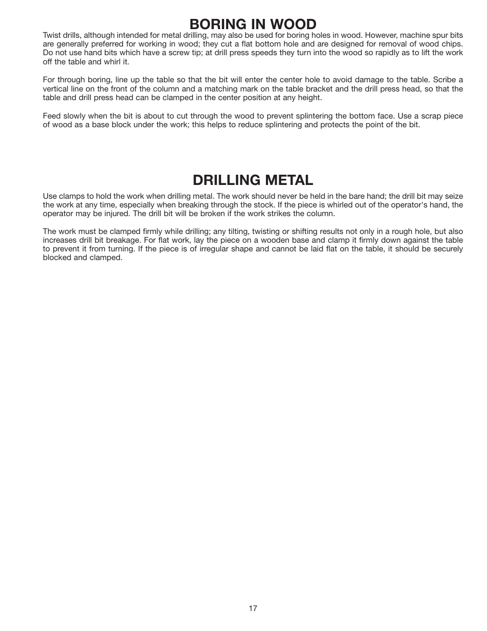 Boring in wood, Drilling metal | Porter-Cable 17-990X User Manual | Page 17 / 20