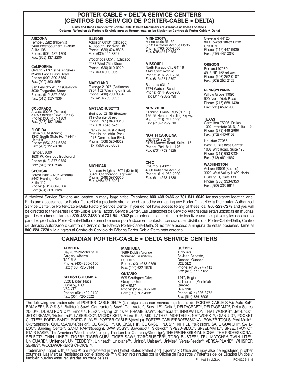 Porter-cable, Delta), Canadian porter-cable | Delta service centers | Porter-Cable 17-990X User Manual | Page 20 / 20