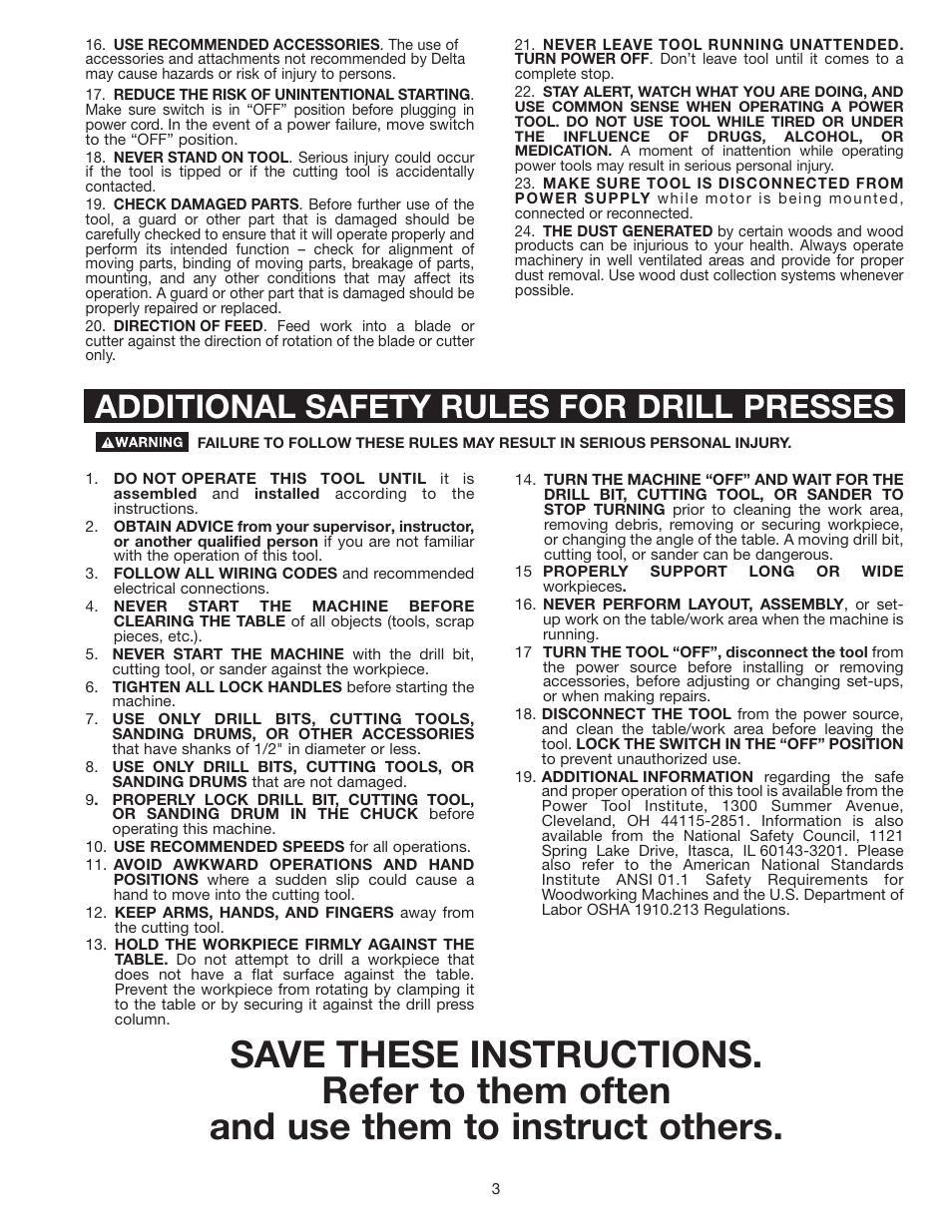 Additional safety rules for drill presses | Porter-Cable 17-990X User Manual | Page 3 / 20
