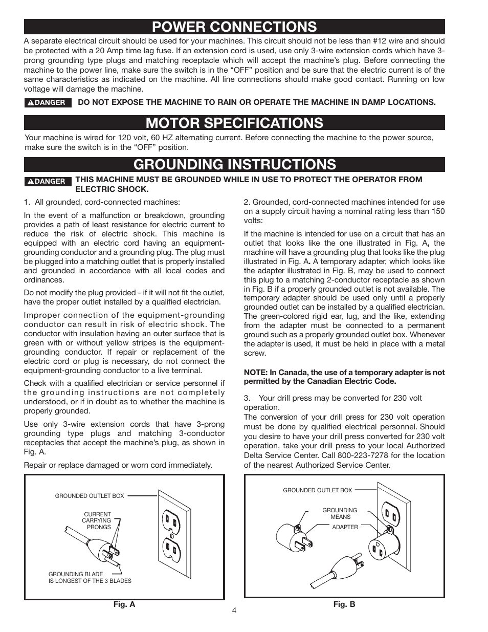 Power connections motor specifications, Grounding instructions | Porter-Cable 17-990X User Manual | Page 4 / 20