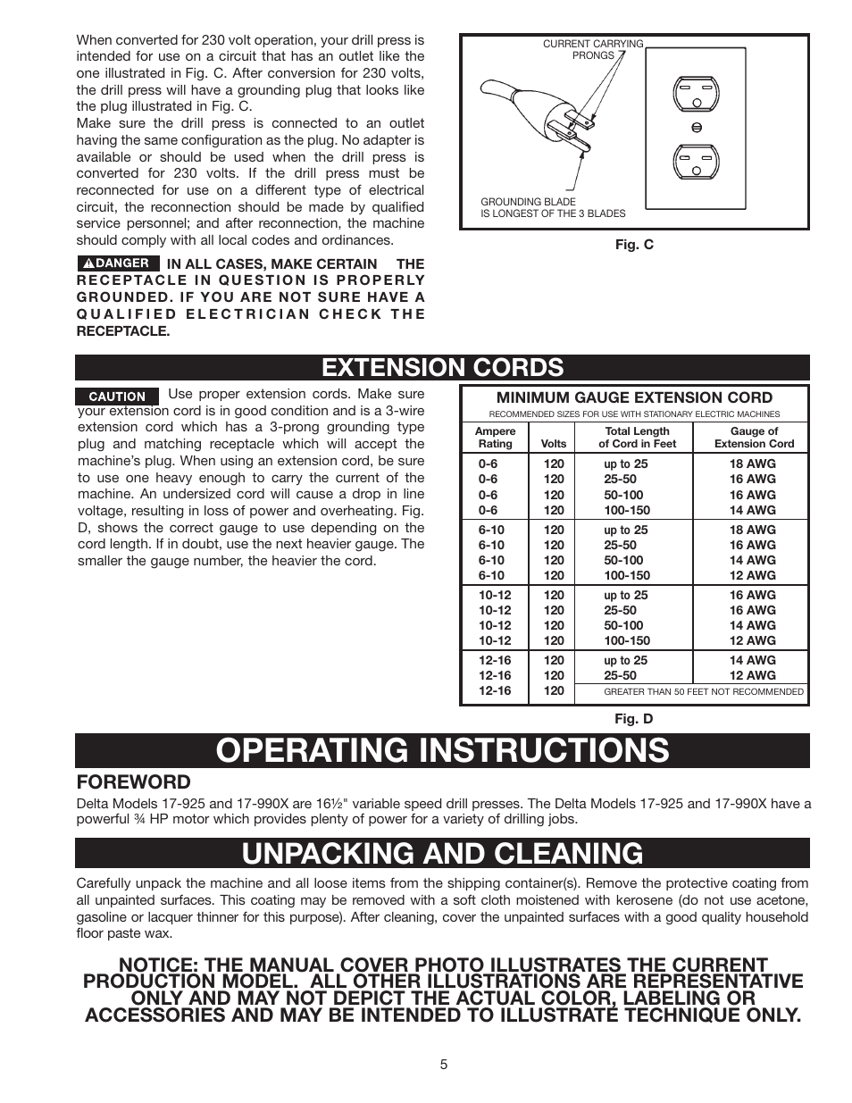 Operating instructions, Unpacking and cleaning, Extension cords | Foreword | Porter-Cable 17-990X User Manual | Page 5 / 20