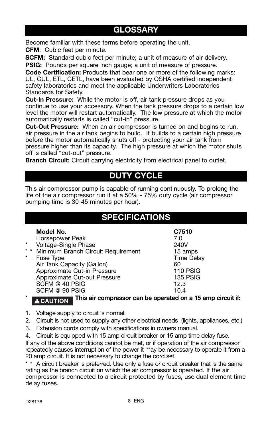 Glossary, Duty cycle, Specifications | Porter-Cable C7510 User Manual | Page 8 / 28