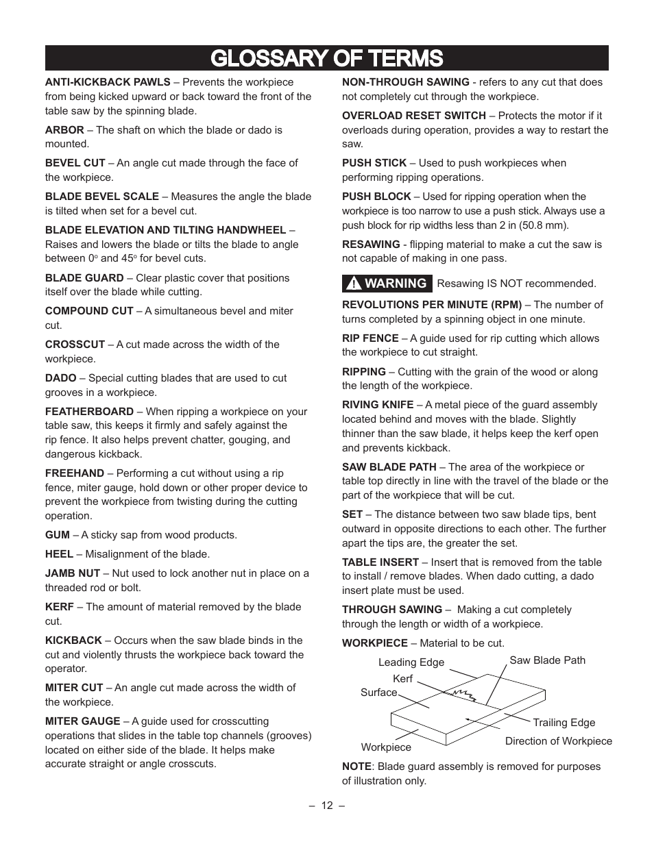 Glossary of terms | Porter-Cable PCB270TS User Manual | Page 12 / 38