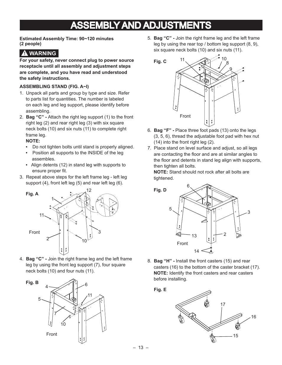 Assembly and adjustments | Porter-Cable PCB270TS User Manual | Page 13 / 38