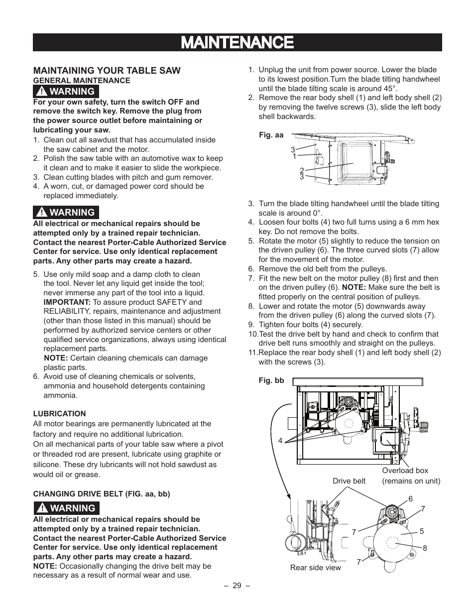 Maintenance | Porter-Cable PCB270TS User Manual | Page 29 / 38