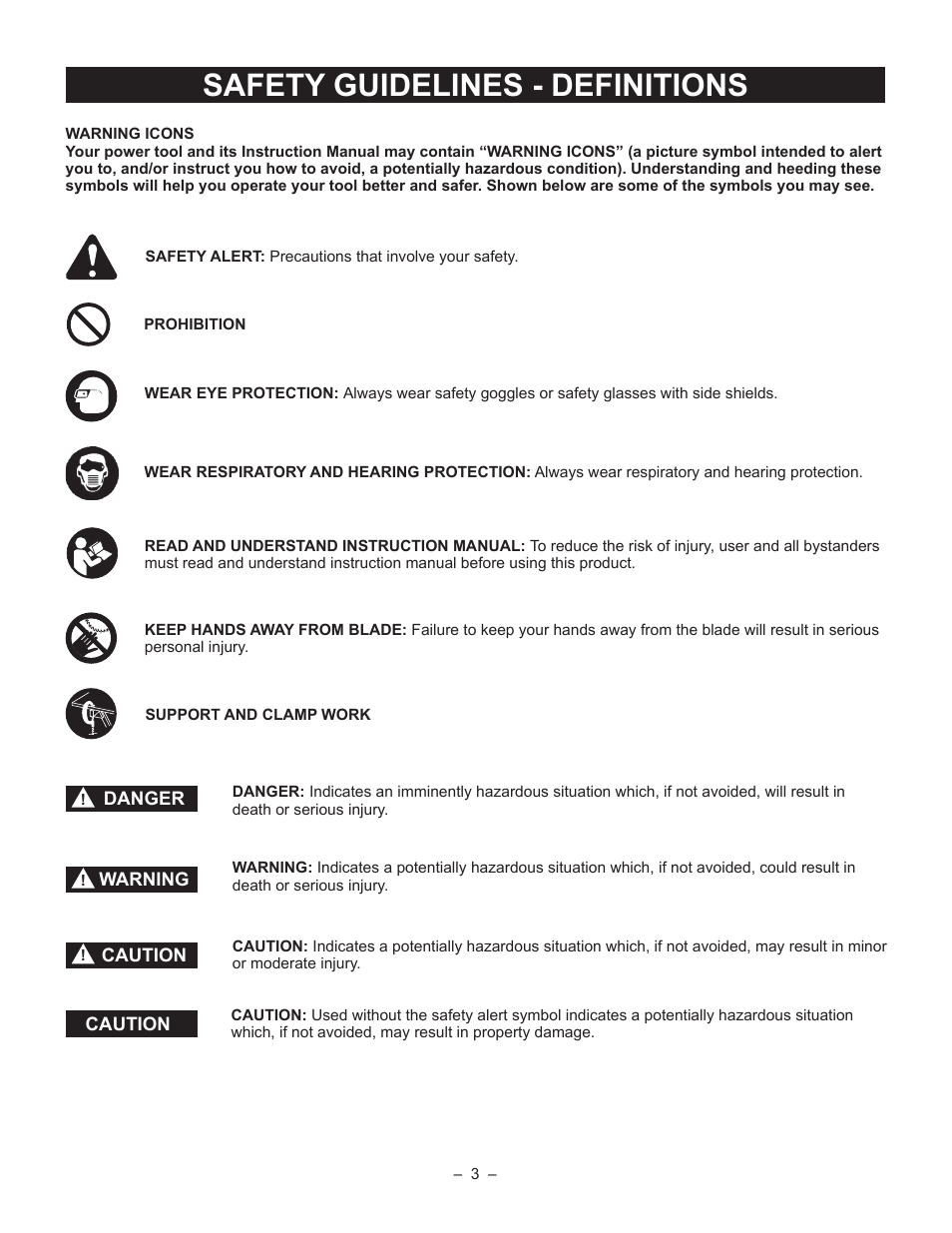 Safety guidelines - definitions | Porter-Cable PCB270TS User Manual | Page 3 / 38