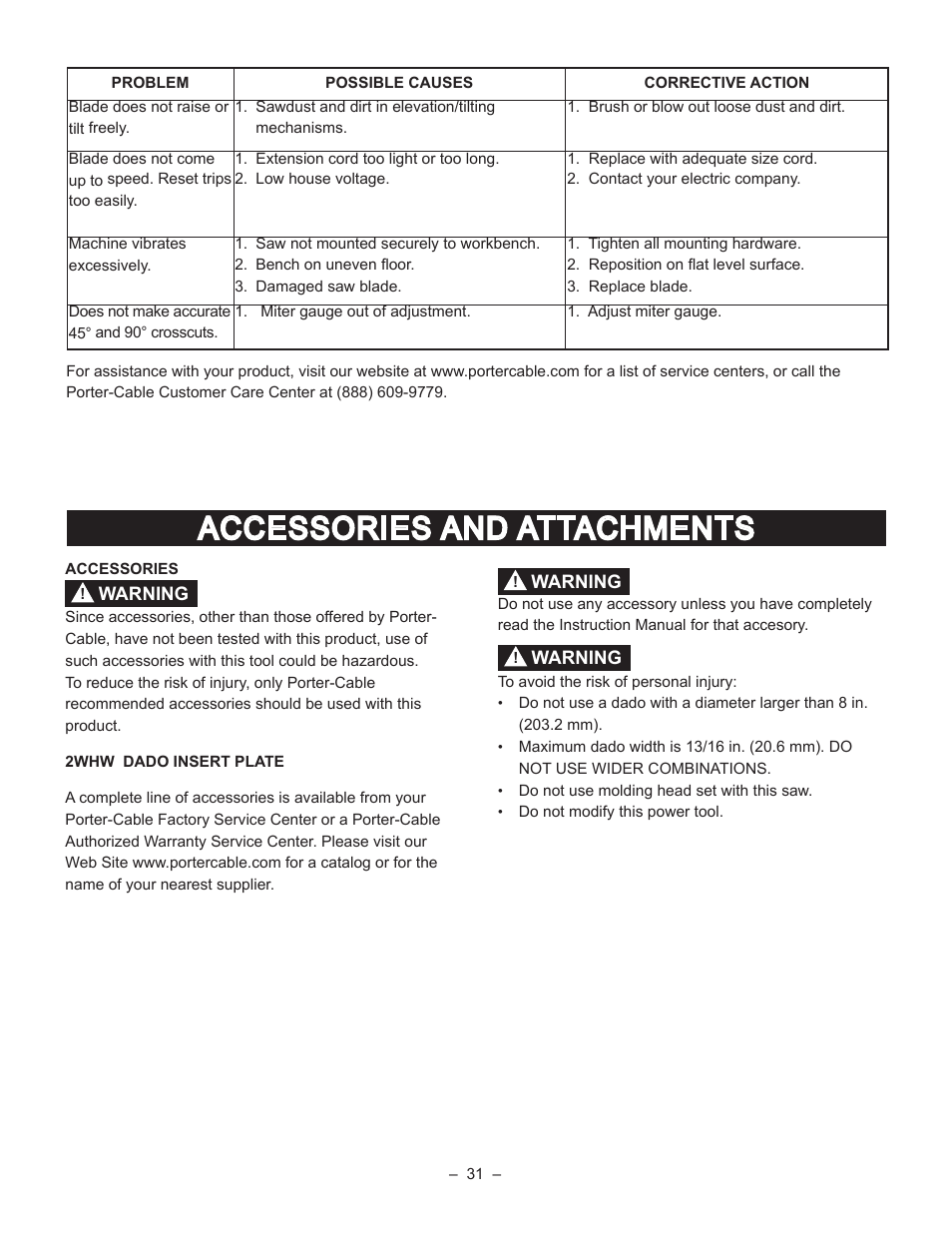 Accessories and attachments | Porter-Cable PCB270TS User Manual | Page 31 / 38