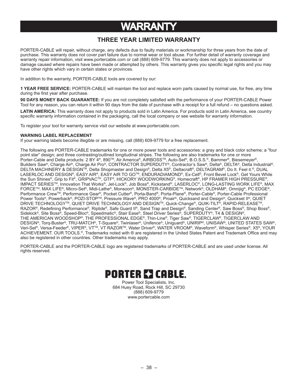 Warranty, Three year limited warranty | Porter-Cable PCB270TS User Manual | Page 38 / 38