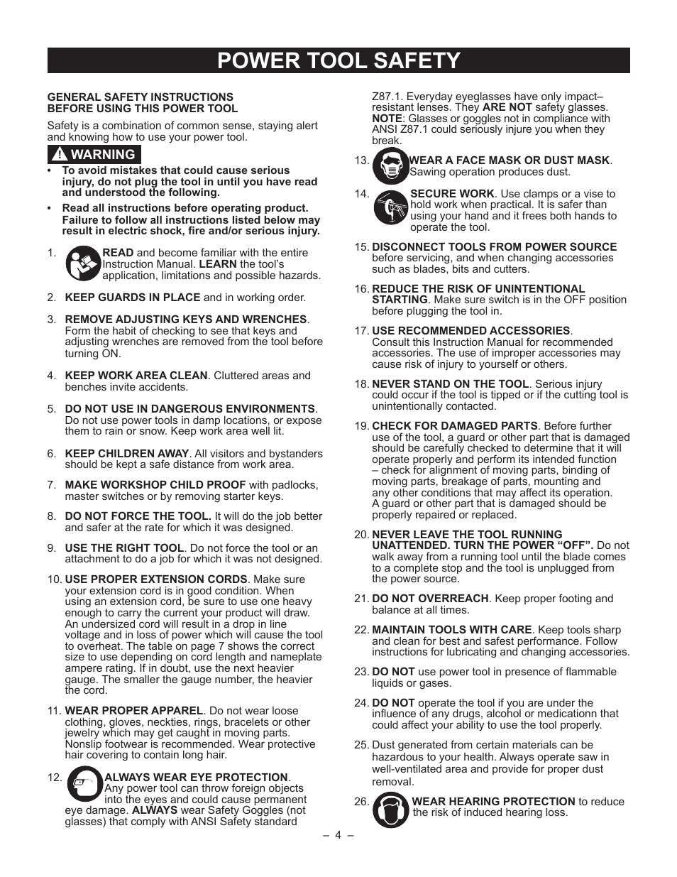 Power tool safety | Porter-Cable PCB270TS User Manual | Page 4 / 38