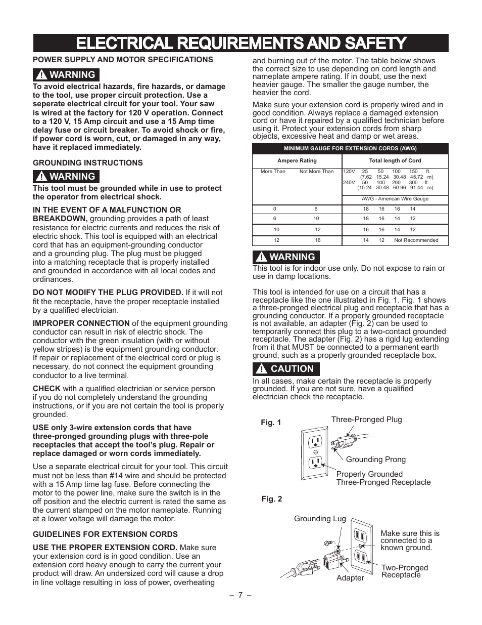Electrical requirements and safety, Warning, Caution | Porter-Cable PCB270TS User Manual | Page 7 / 38
