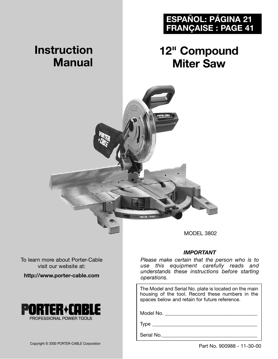 Porter-Cable 3802 User Manual | 21 pages