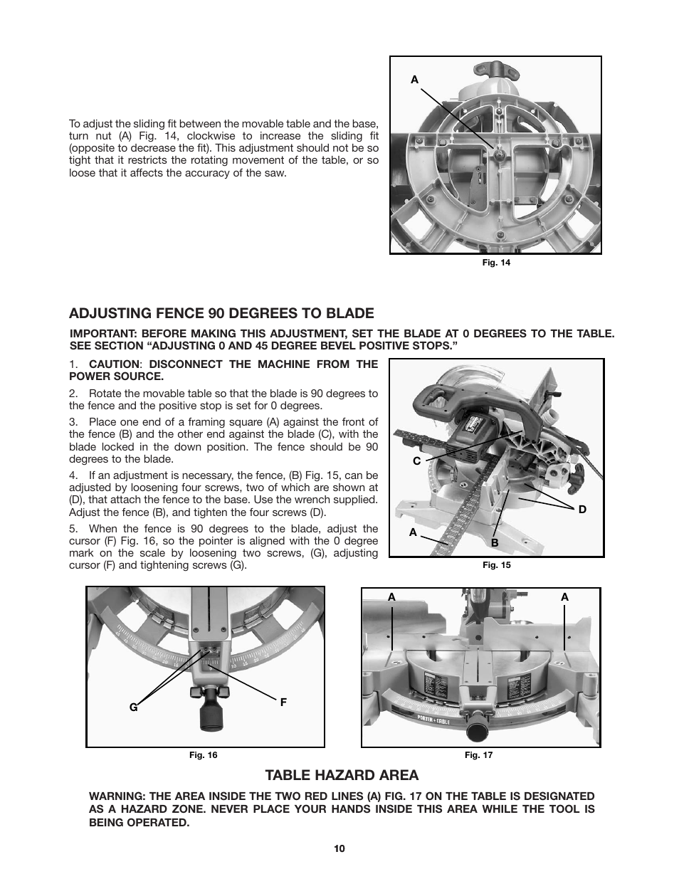 Adjusting fence 90 degrees to blade, Table hazard area | Porter-Cable 3802 User Manual | Page 10 / 21