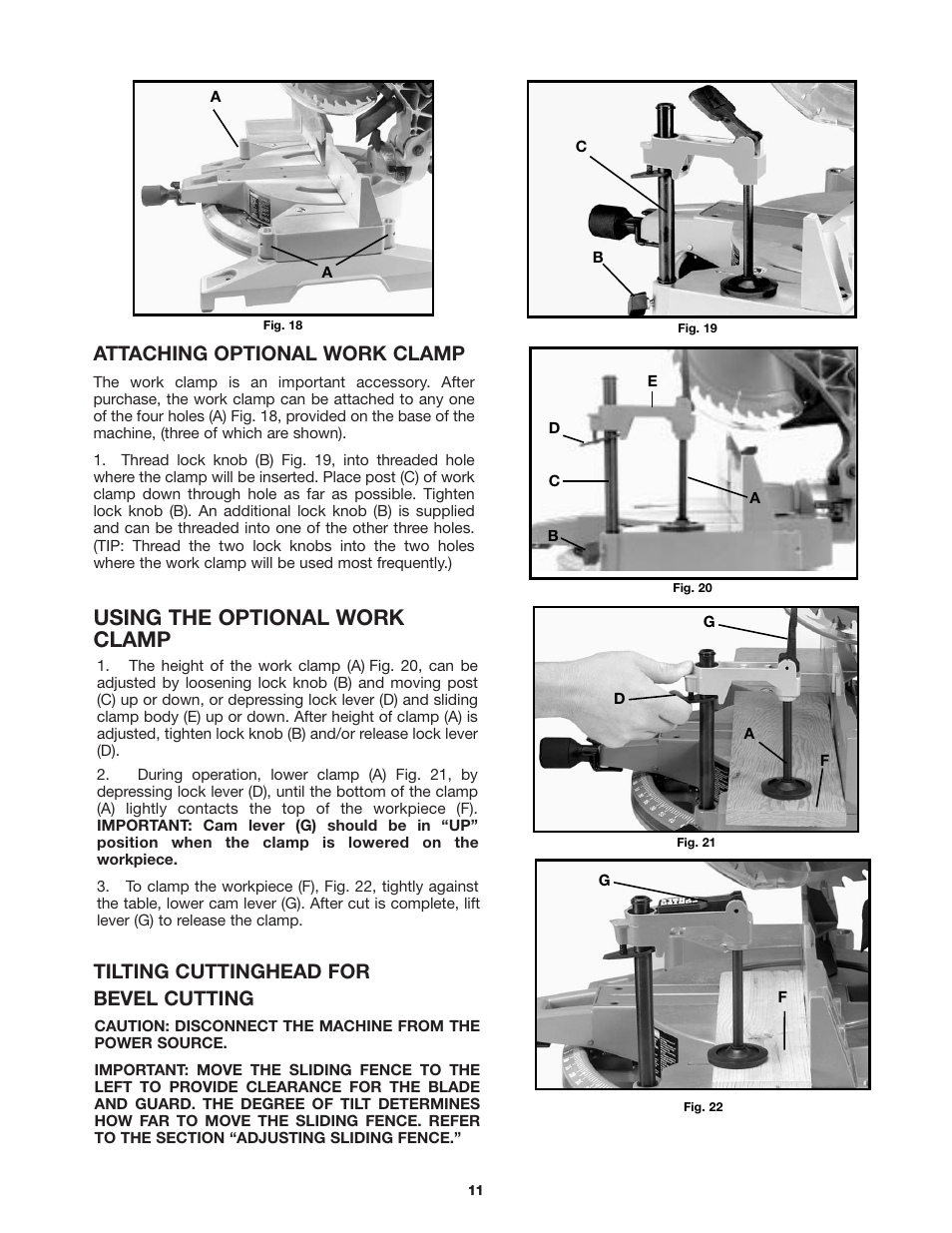 Using the optional work clamp, Attaching optional work clamp, Tilting cuttinghead for bevel cutting | Porter-Cable 3802 User Manual | Page 11 / 21