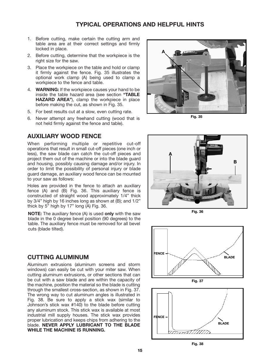 Typical operations and helpful hints, Auxiliary wood fence, Cutting aluminum | Porter-Cable 3802 User Manual | Page 15 / 21