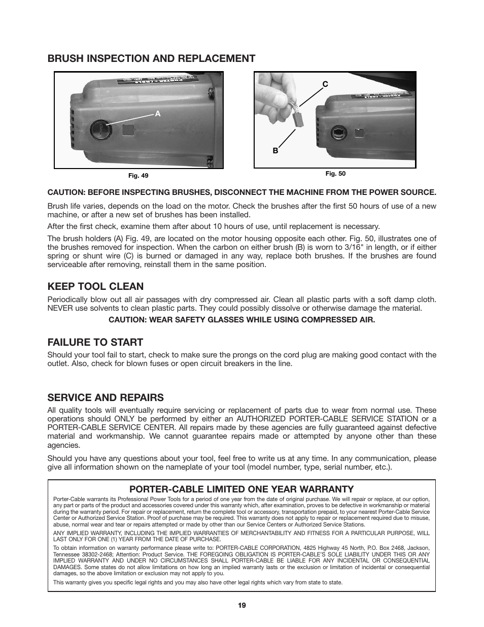 Brush inspection and replacement, Keep tool clean, Failure to start | Service and repairs | Porter-Cable 3802 User Manual | Page 19 / 21