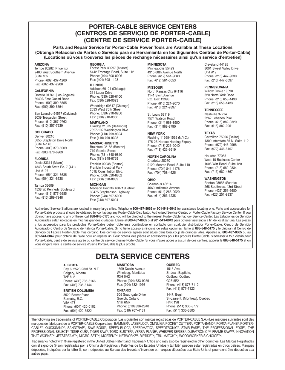 Delta service centers | Porter-Cable 3802 User Manual | Page 21 / 21