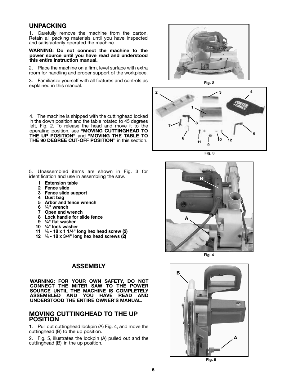Unpacking, Assembly, Moving cuttinghead to the up position | Porter-Cable 3802 User Manual | Page 5 / 21