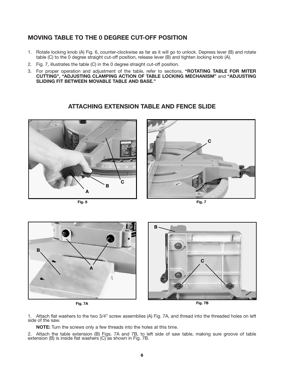 Moving table to the 0 degree cut-off position, Attaching extension table and fence slide | Porter-Cable 3802 User Manual | Page 6 / 21