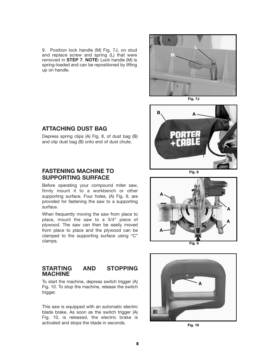Attaching dust bag, Fastening machine to supporting surface, Starting and stopping machine | Porter-Cable 3802 User Manual | Page 8 / 21