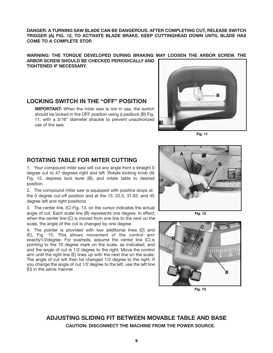 Locking switch in the “off” position, Rotating table for miter cutting | Porter-Cable 3802 User Manual | Page 9 / 21