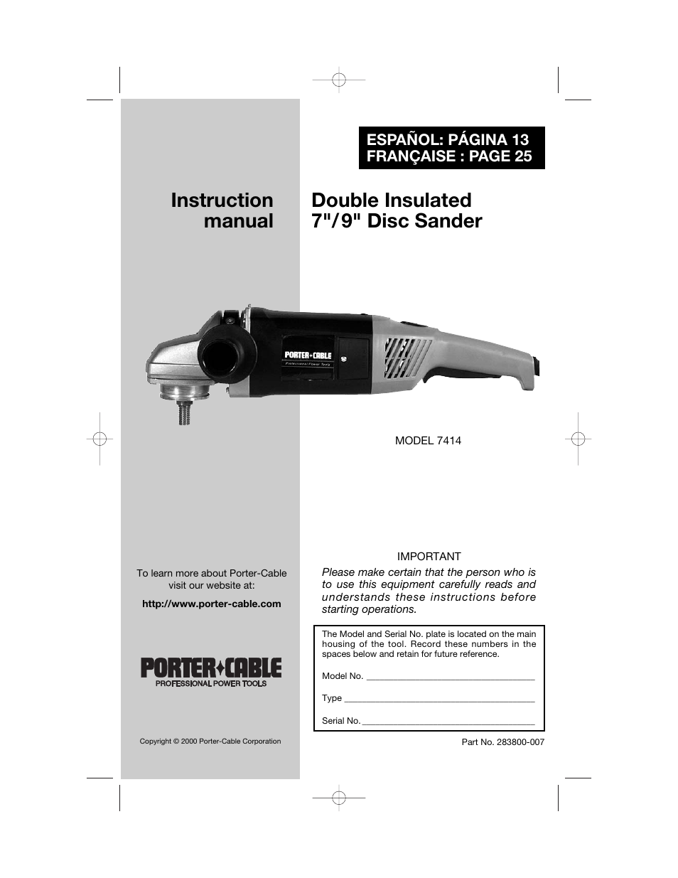 Porter-Cable 7414 User Manual | 13 pages