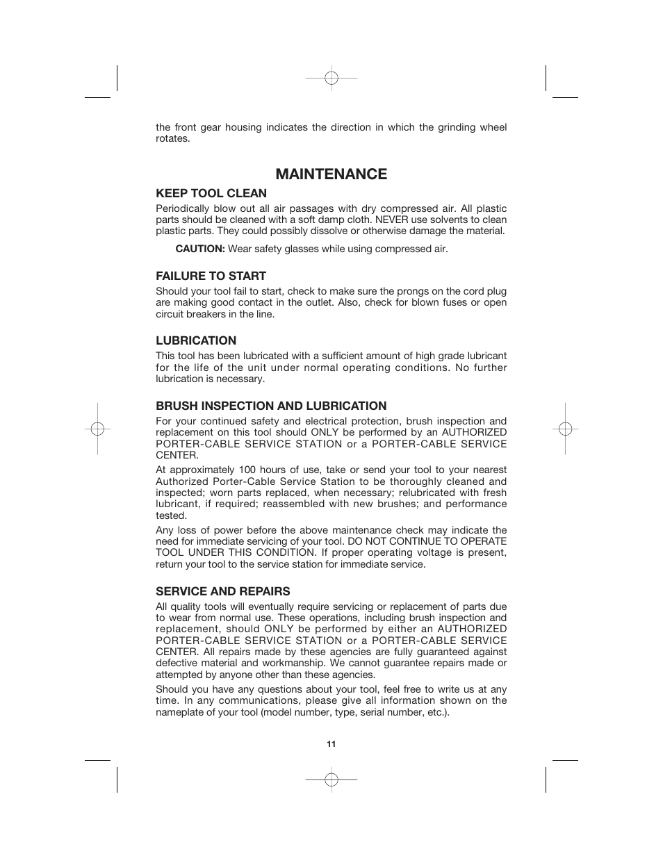 Maintenance | Porter-Cable 7414 User Manual | Page 11 / 13