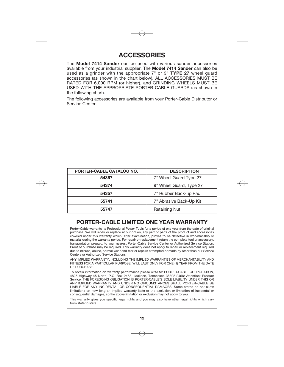 Accessories, Porter-cable limited one year warranty | Porter-Cable 7414 User Manual | Page 12 / 13