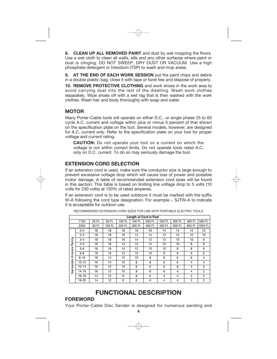 Functional description, Motor, Extension cord selection | Foreword | Porter-Cable 7414 User Manual | Page 6 / 13