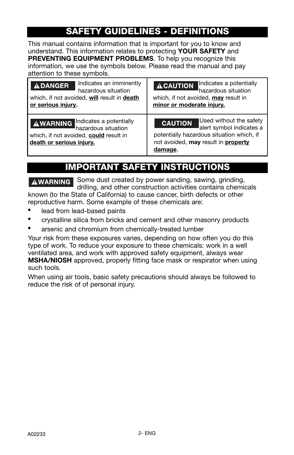 Safety guidelines - definitions, Important safety instructions | Porter-Cable C2550 User Manual | Page 2 / 26