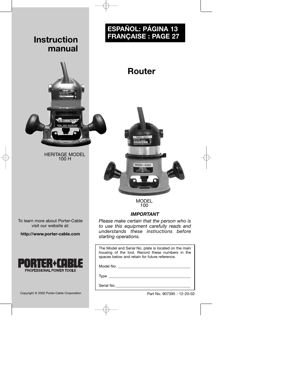 Porter-Cable 100H User Manual | 13 pages