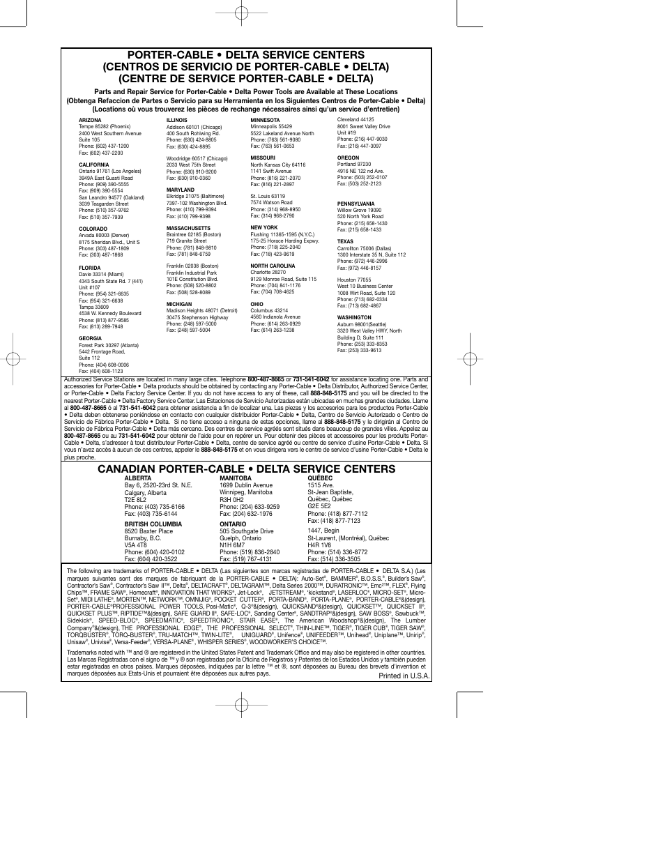 Canadian porter-cable • delta service centers | Porter-Cable 100H User Manual | Page 13 / 13