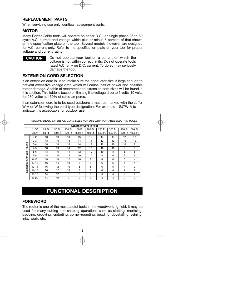 Functional description, Replacement parts, Motor | Extension cord selection, Foreword | Porter-Cable 100H User Manual | Page 6 / 13