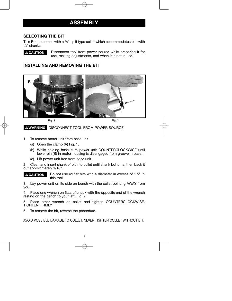 Assembly, Selecting the bit, Installing and removing the bit | Porter-Cable 100H User Manual | Page 7 / 13