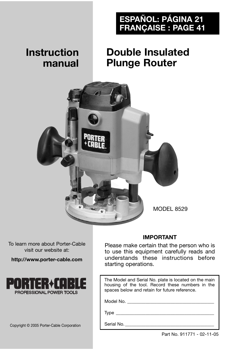 Porter-Cable 8529 User Manual | 21 pages