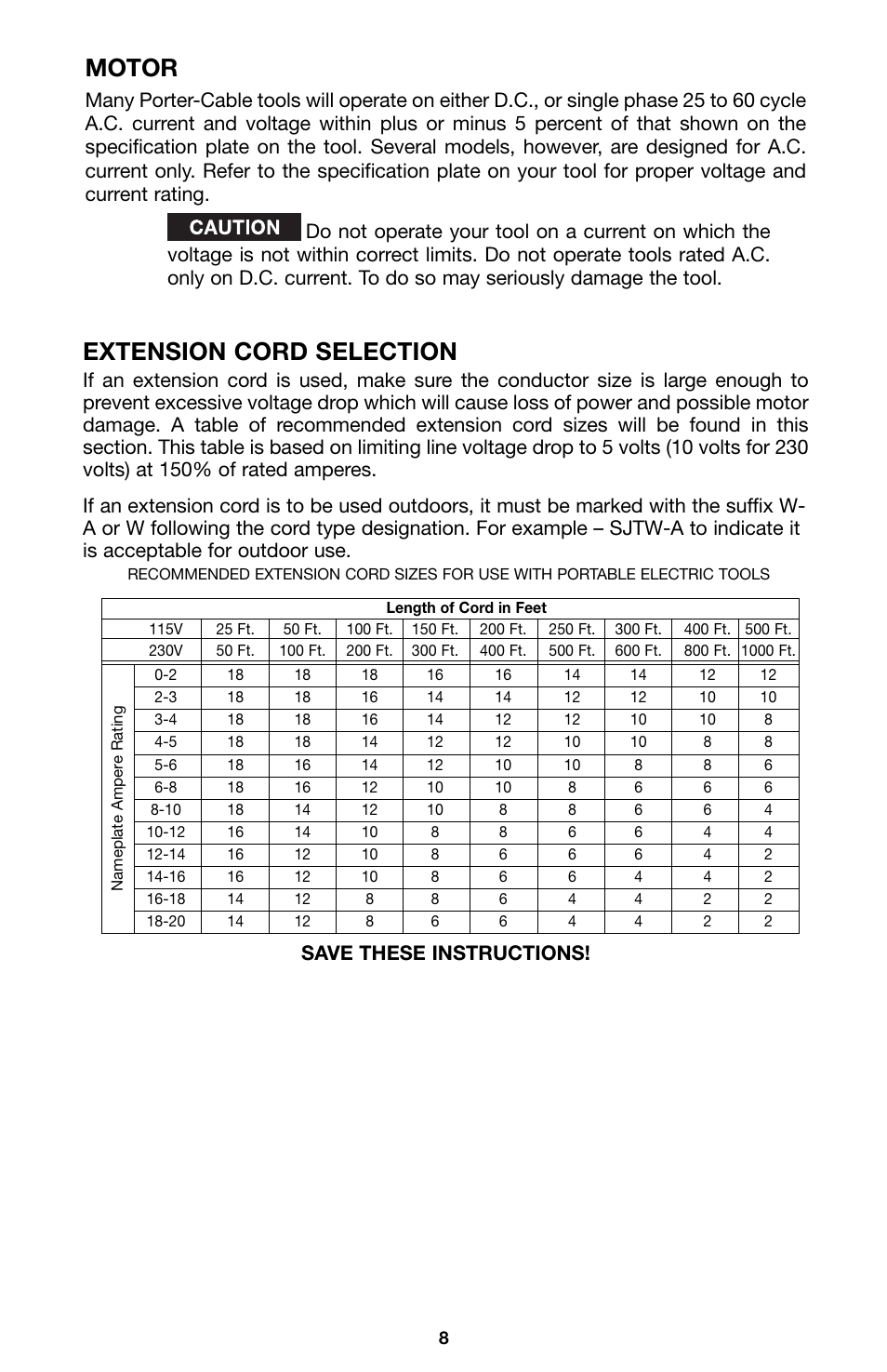 Extension cord selection, Motor | Porter-Cable 8529 User Manual | Page 8 / 21