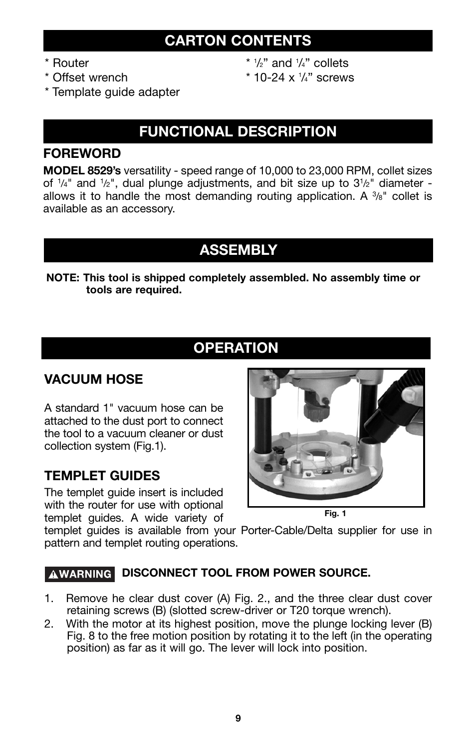 Functional description assembly carton contents, Operation, Vacuum hose | Templet guides, Foreword, Router * offset wrench * template guide adapter, Collets * 10-24 x, Screws | Porter-Cable 8529 User Manual | Page 9 / 21