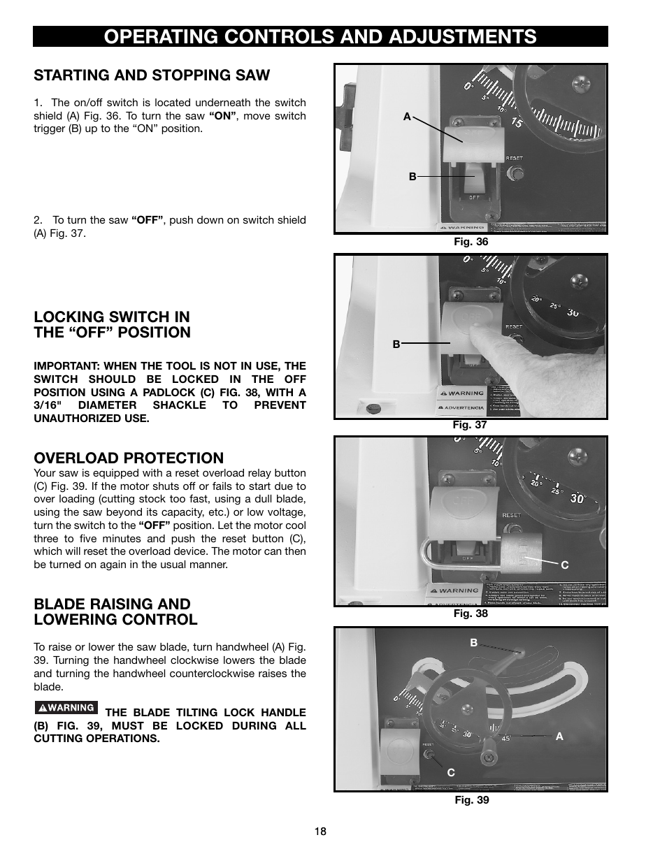 Operating controls and adjustments, Starting and stopping saw, Locking switch in the “off” position | Overload protection, Blade raising and lowering control | Porter-Cable (Model TS220LS) User Manual | Page 18 / 29