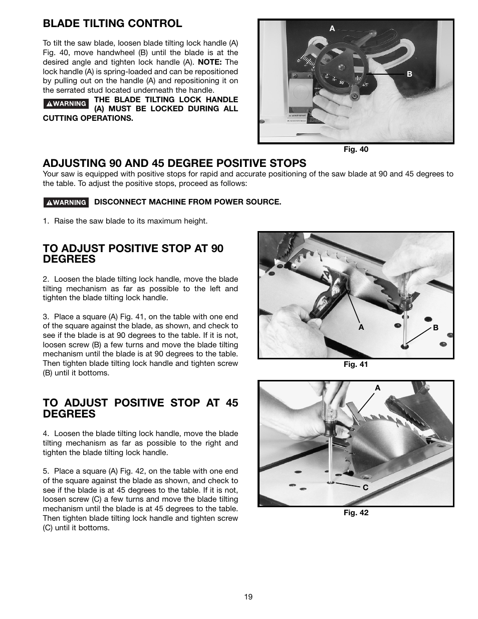 Blade tilting control, Adjusting 90 and 45 degree positive stops | Porter-Cable (Model TS220LS) User Manual | Page 19 / 29