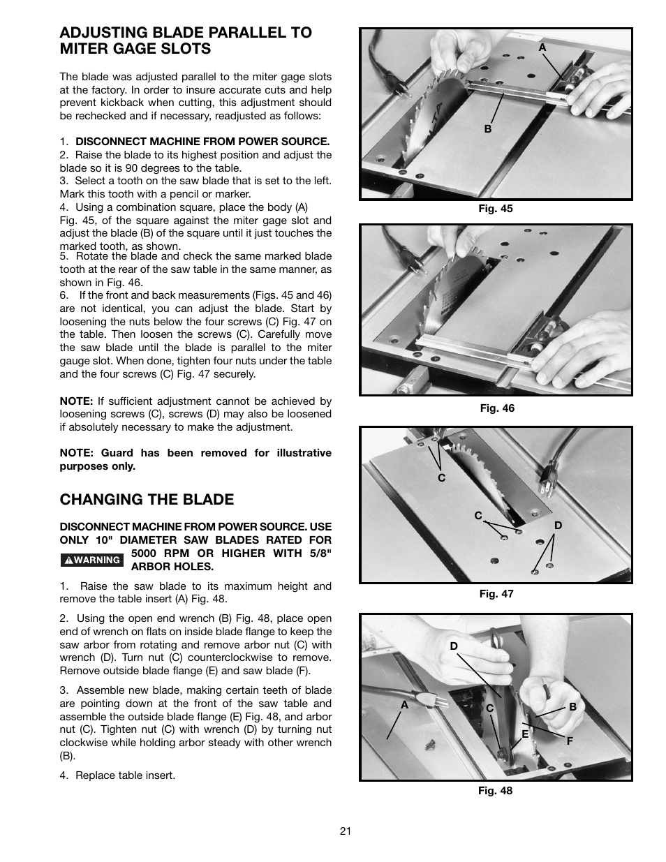 Adjusting blade parallel to miter gage slots, Changing the blade | Porter-Cable (Model TS220LS) User Manual | Page 21 / 29