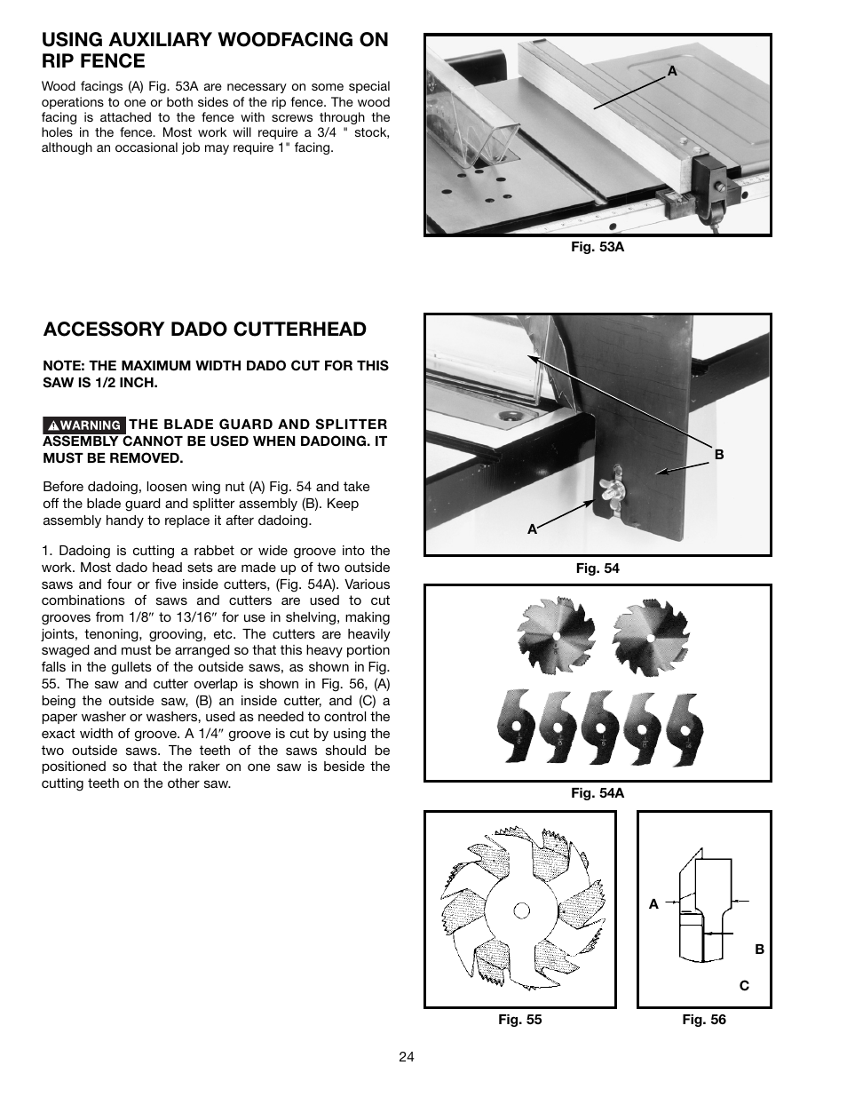 Using auxiliary woodfacing on rip fence, Accessory dado cutterhead | Porter-Cable (Model TS220LS) User Manual | Page 24 / 29