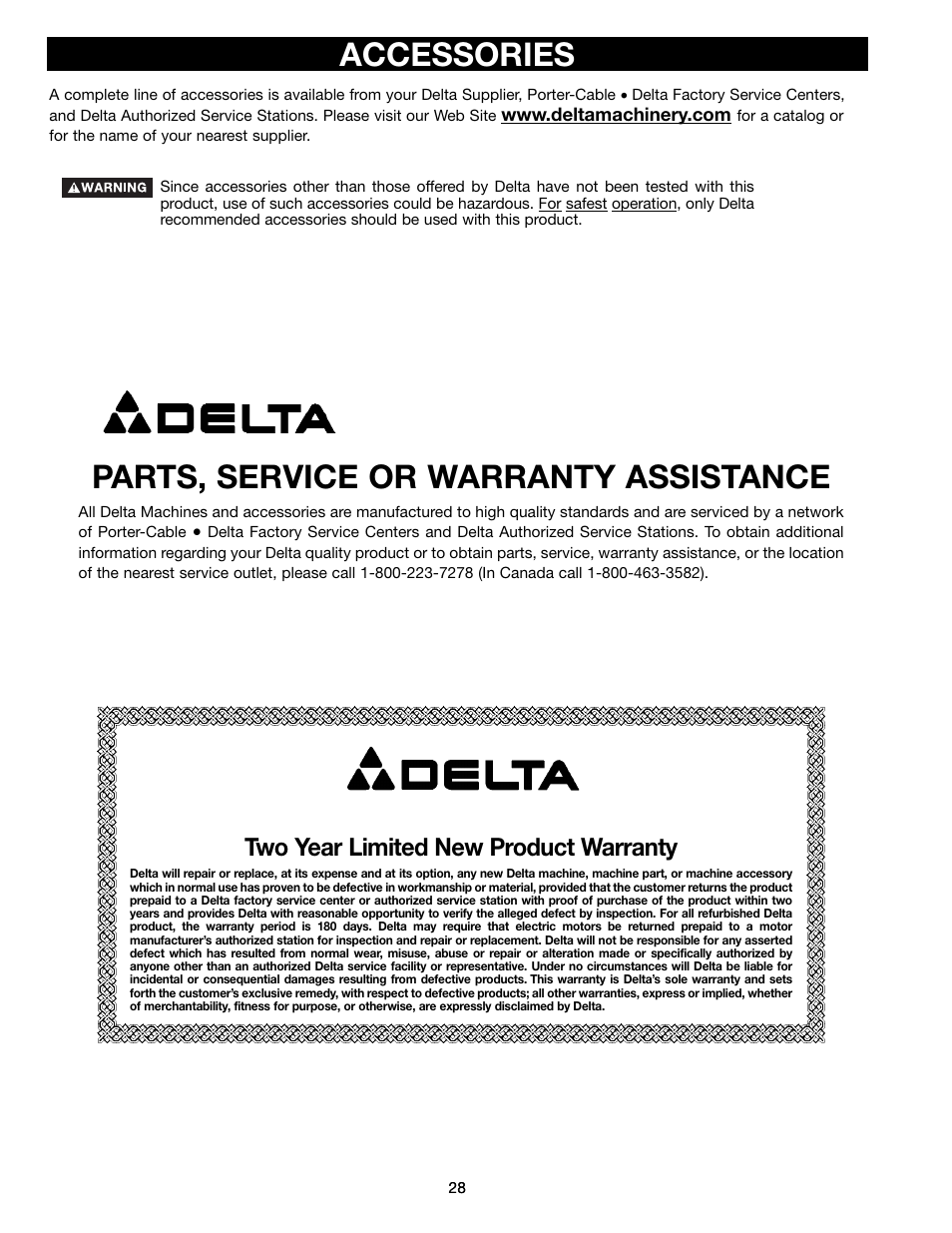 Accessories parts, service or warranty assistance, Two year limited new product warranty | Porter-Cable (Model TS220LS) User Manual | Page 28 / 29