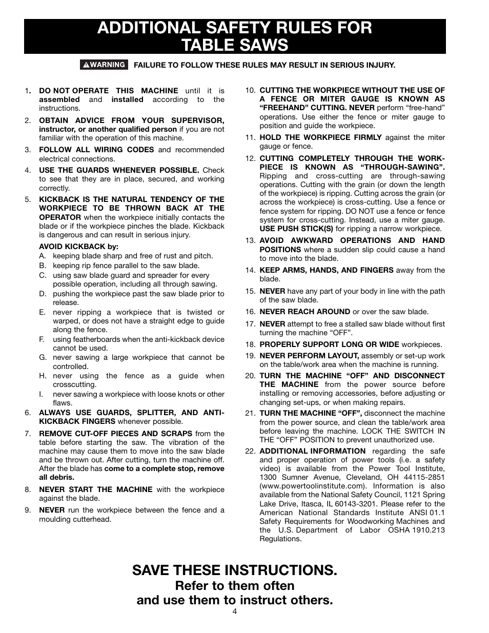 Additional safety rules for table saws, Save these instructions | Porter-Cable (Model TS220LS) User Manual | Page 4 / 29