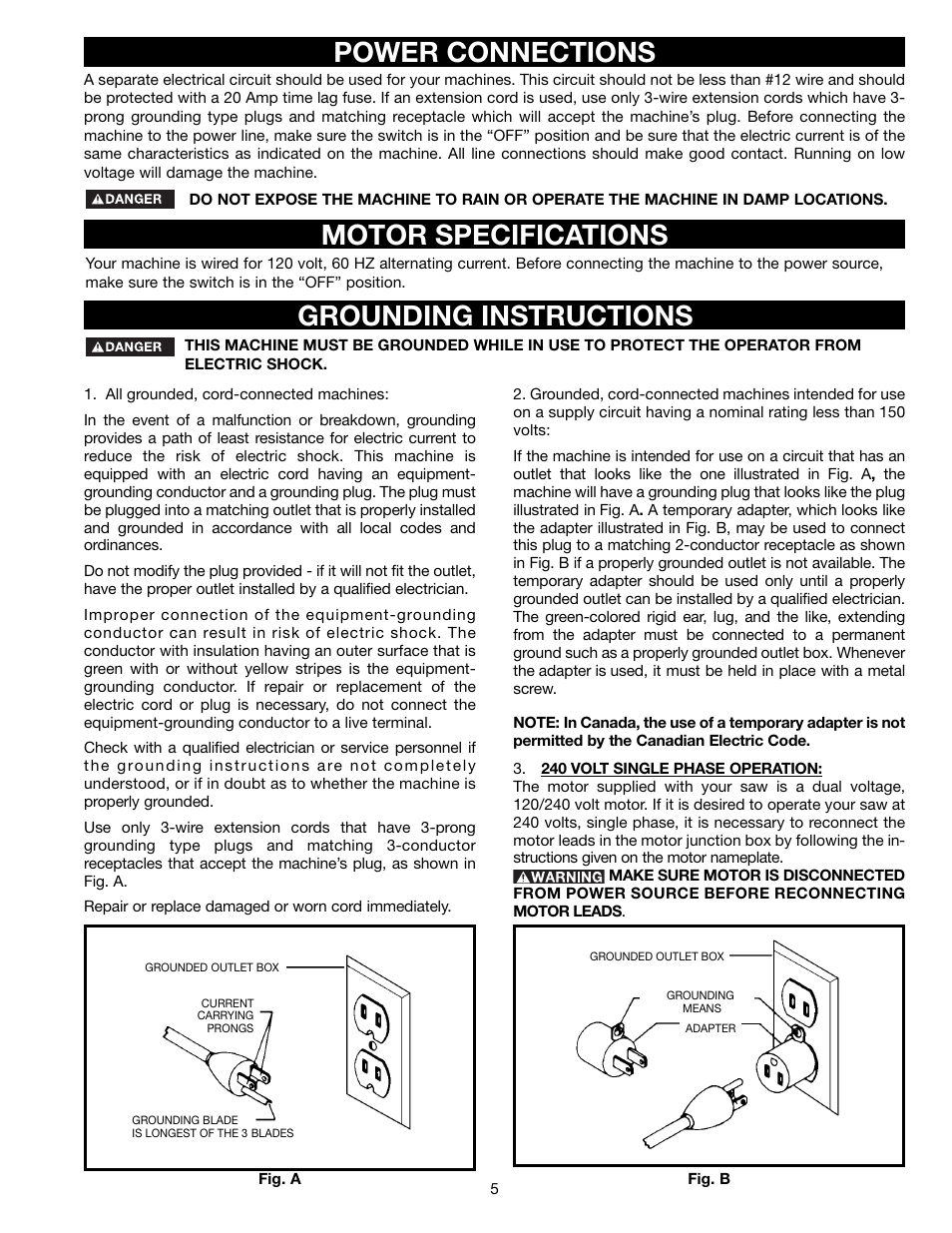 Power connections motor specifications, Grounding instructions | Porter-Cable (Model TS220LS) User Manual | Page 5 / 29