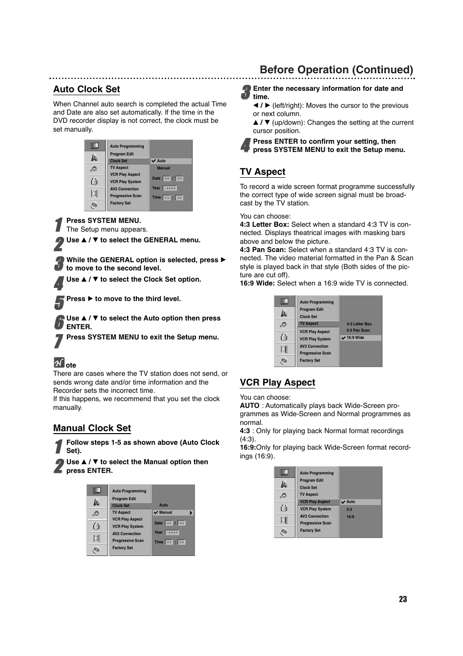 Before operation (continued), Auto clock set, Manual clock set | Tv aspect, Vcr play aspect | Porter-Cable DVDR630VR User Manual | Page 23 / 61