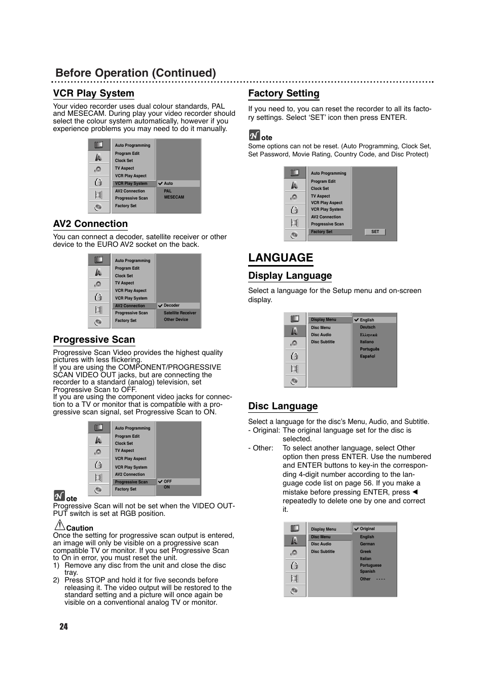 Before operation (continued), Language, Vcr play system | Av2 connection, Progressive scan, Factory setting, Display language, Disc language | Porter-Cable DVDR630VR User Manual | Page 24 / 61