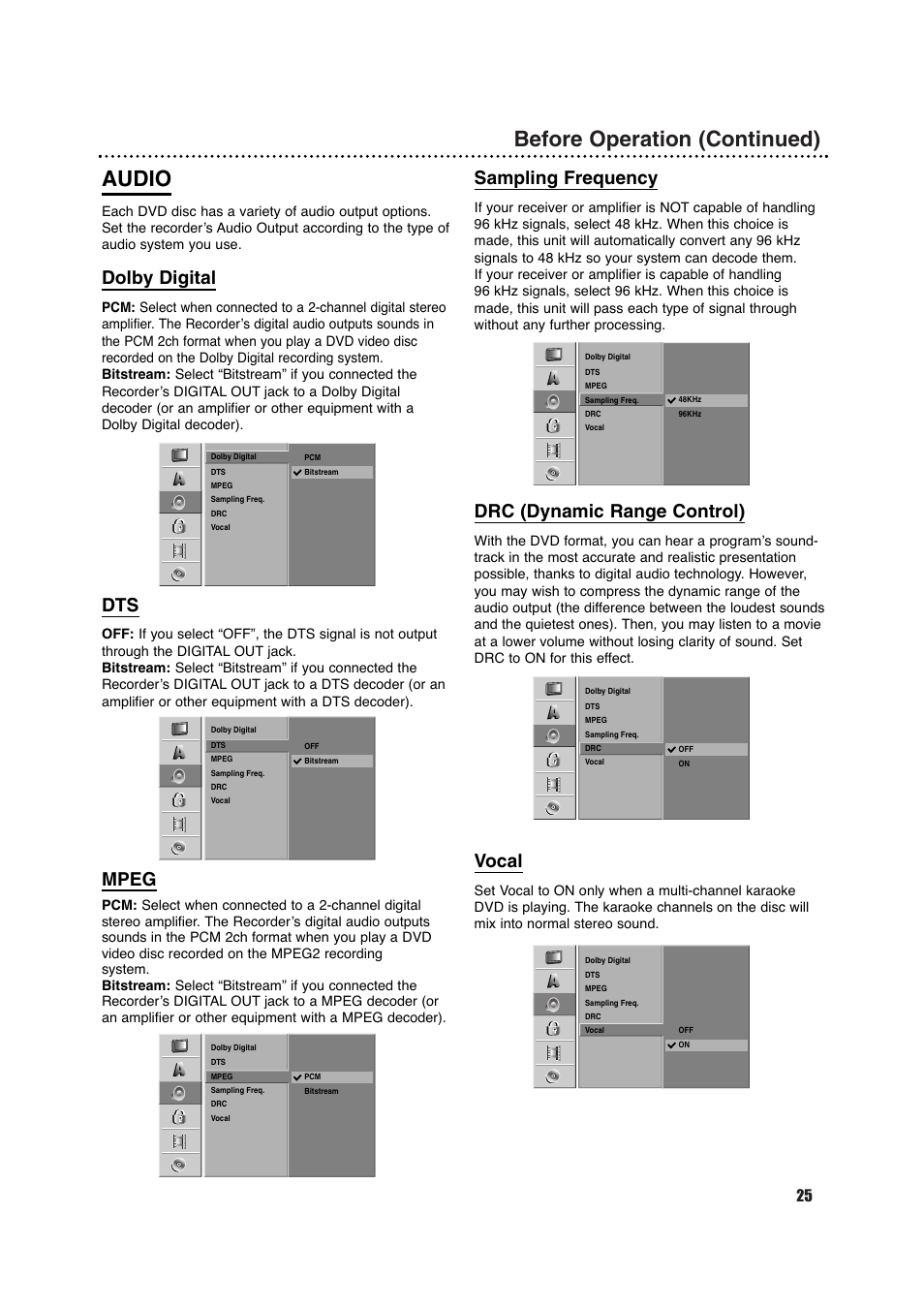 Before operation (continued) audio, Dolby digital, Mpeg | Sampling frequency, Drc (dynamic range control), Vocal | Porter-Cable DVDR630VR User Manual | Page 25 / 61